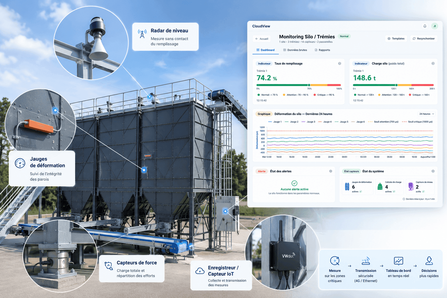 Architecture de monitoring pour cuves, trémies et réservoirs industriels